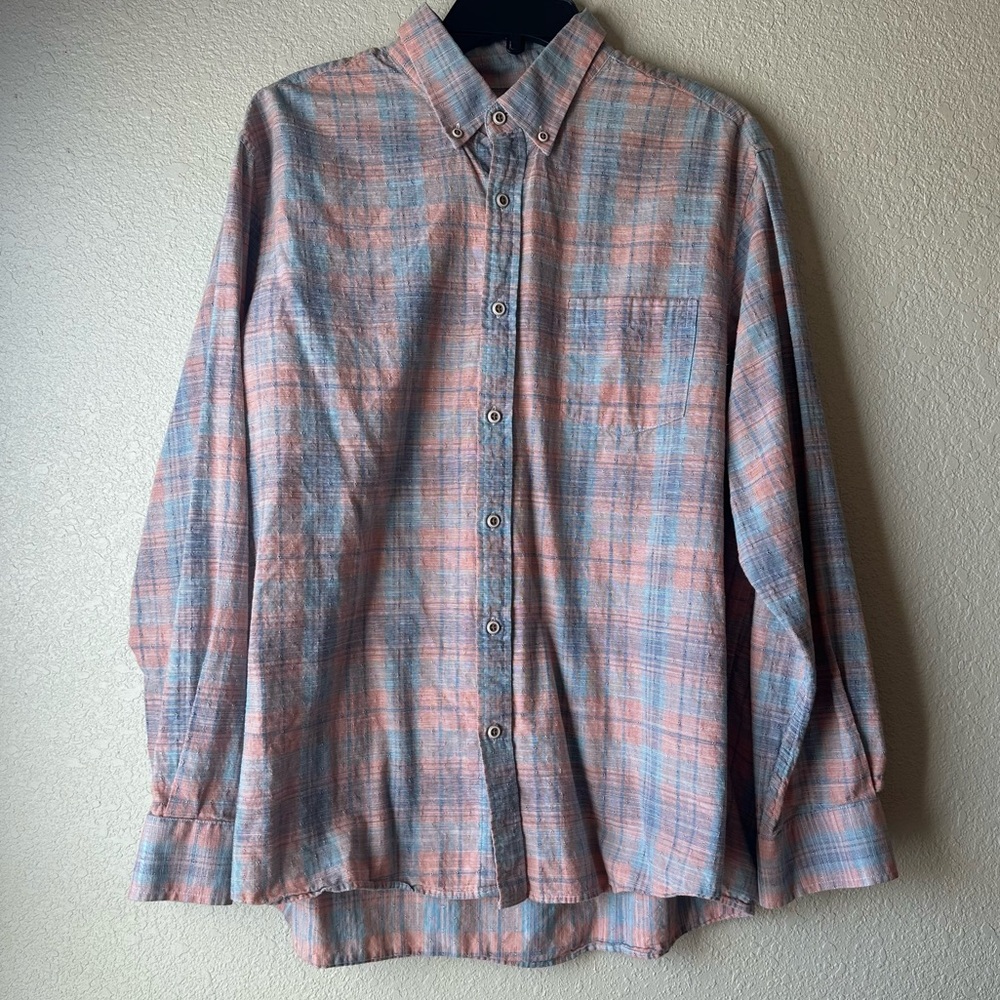 Men's Blue & Peach Plaid Button-Down Shirt